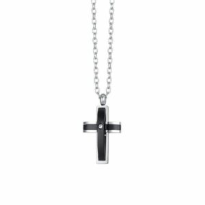 COLLANA UOMO IN ACCIAIO CROCE IP NERO E ZIRCONE