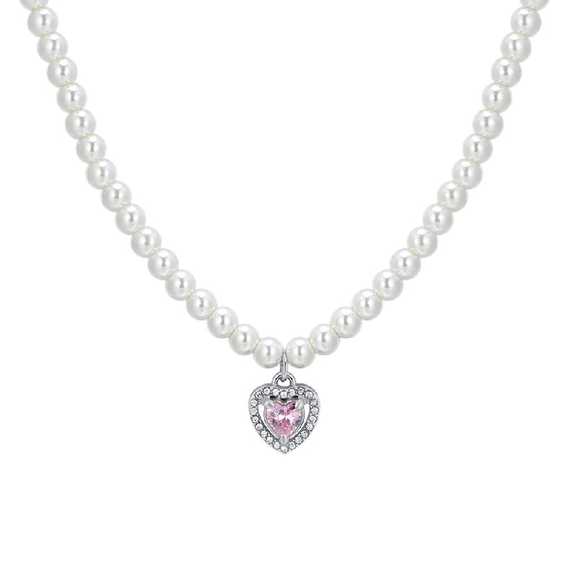 COLLANA DONNA IN ACCIAIO PERLE E CUORE ZIRCONE ROSA