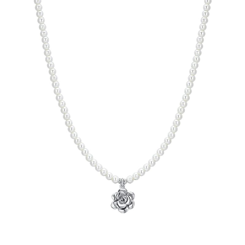 COLLANA DONNA IN ACCIAIO PERLE E ROSA IN ACCIAIO