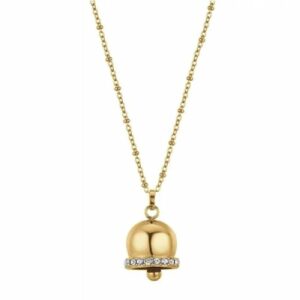 COLLANA DONNA LUNGA IN ACCIAIO IP GOLD CON CAMPANELLA CON CRISTALLI BIANCHI