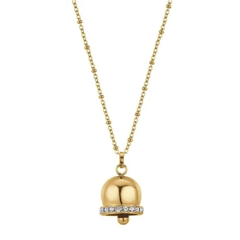 COLLANA DONNA LUNGA IN ACCIAIO IP GOLD CON CAMPANELLA CON CRISTALLI BIANCHI