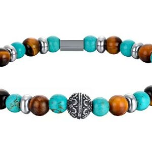 BRACCIALE UOMO ELASTICO CON PIETRE TURCHESI ED OCCHIO DI TIGRE ED ELEMENTI