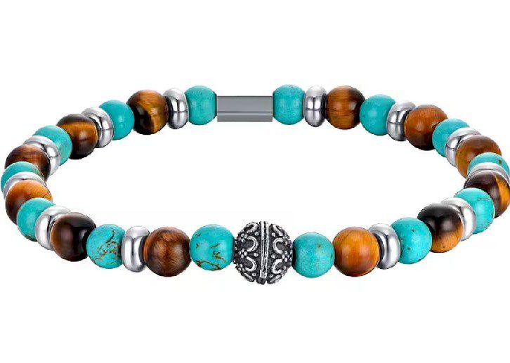 BRACCIALE UOMO ELASTICO CON PIETRE TURCHESI ED OCCHIO DI TIGRE ED ELEMENTI