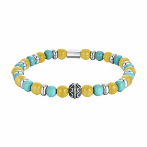 BRACCIALE UOMO ELASTICO CON PIETRE TURCHESI E GIALLE ED ELEMENTI IN ACCIAIO