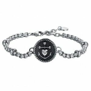 BRACCIALE UOMO IN ACCIAIO CON PIASTRA CON SMALTO NERO E ANCORA CON CUORE