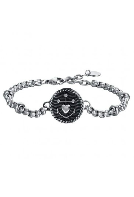 BRACCIALE UOMO IN ACCIAIO CON PIASTRA CON SMALTO NERO E ANCORA CON CUORE