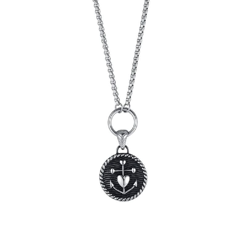 COLLANA UOMO IN ACCIAIO CON PIASTRA CON ANCORA E CUORE CON SMALTO NERO