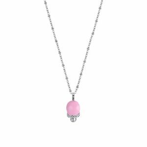 COLLANA DONNA IN ACCIAIO CON CAMPANELLA CON SMALTO ROSA E CRISTALLI BIANCHI