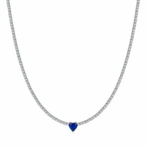 COLLANA TENNIS DONNA IN ACCIAIO CON CRISTALLI BIANCHI E CUORE CRISTALLO BLU