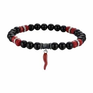 BRACCIALE UOMO ELASTICO CON PIETRE NERE E ROSSE E CORNO ROSSO