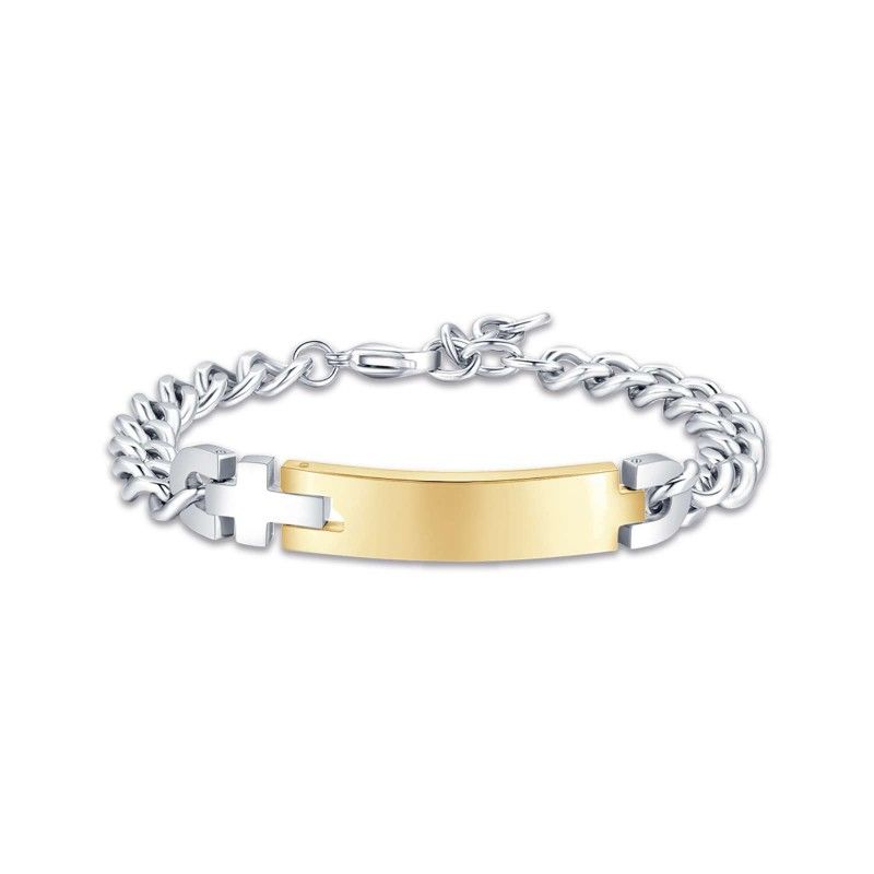 BRACCIALE UOMO IN ACCIAIO CON PIASTRA IN ACCIAIO DORATO E CROCE