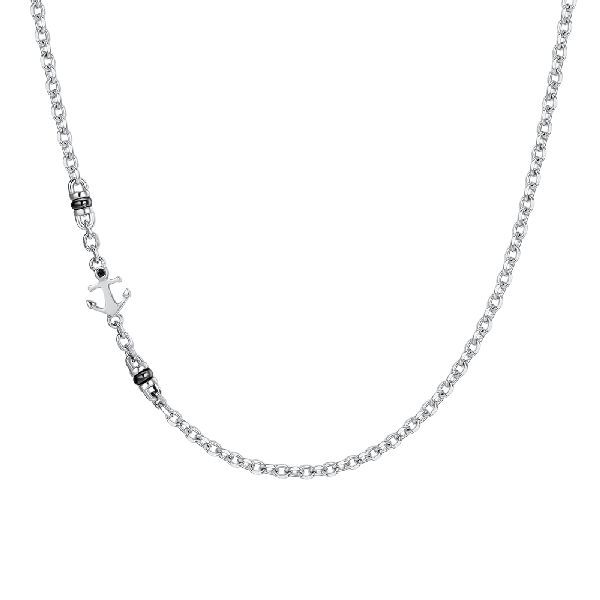 COLLANA UOMO IN ACCIAIO CON ANCORA, ZIRCONE NERO ED ELEMENTI IN IP NERO