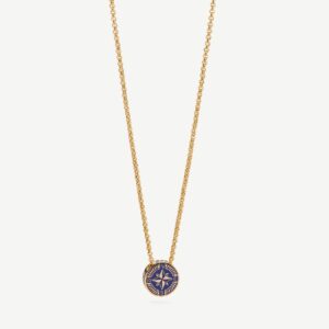 Collana in acciaio 316L e finitura pvd oro 14K con pendente tondo con rosa dei venti e smalto blu.