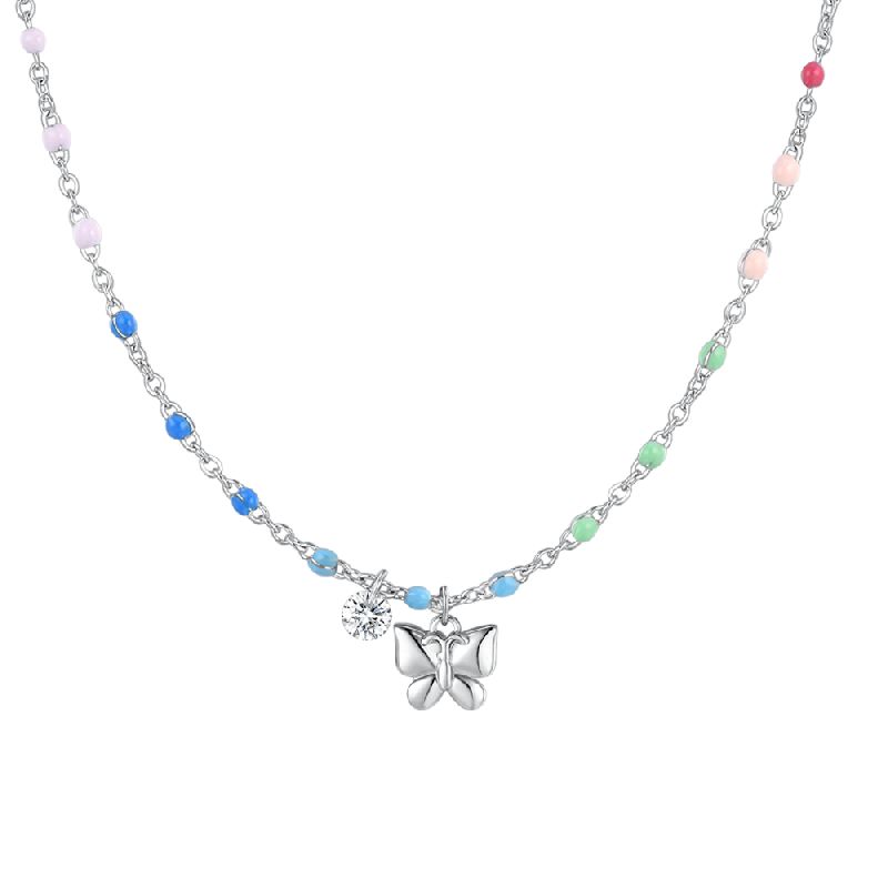 COLLANA DONNA IN ACCIAIO CON FARFALLA, CRISTALLO E PIETRE CON SMALTO MULTICOLOR