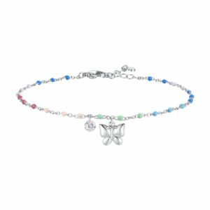 CAVIGLIERA DONNA IN ACCIAIO CON FARFALLA,CRISTALLO E PIETRE MULTICOLOR