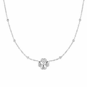 COLLANA DONNA IN ACCIAIO CON QUADRIFOGLIO E PUNTI LUCE IN ZIRCONE BIANCO