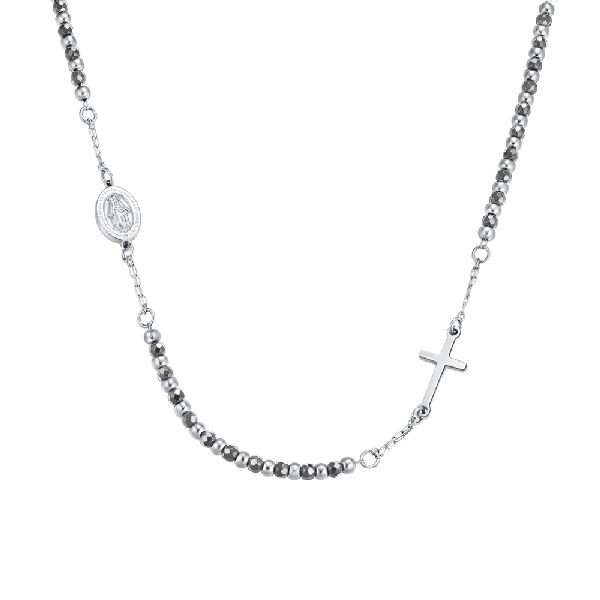 COLLANA ROSARIO UOMO CON PIETRE EMATITE GRIGIA. MADONNA MIRACOLOSA E CROCE IN AC