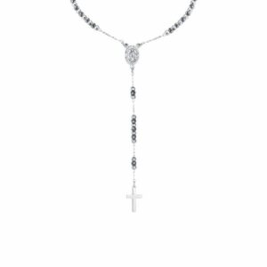 COLLANA ROSARIO UOMO CON PIETRE EMATITE GRIGIA. MADONNA MIRACOLOSA E CROCE IN AC