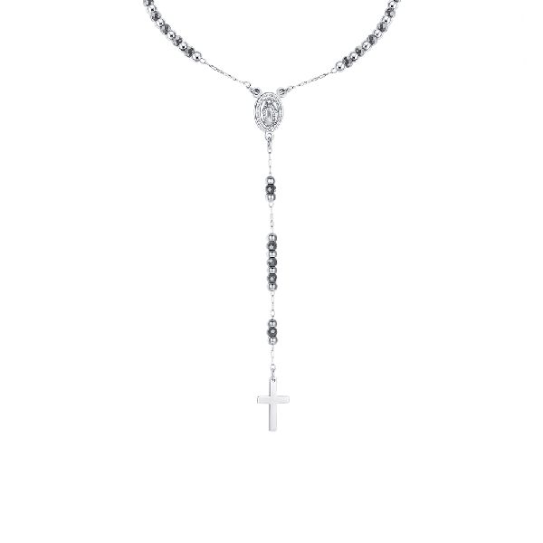 COLLANA ROSARIO UOMO CON PIETRE EMATITE GRIGIA. MADONNA MIRACOLOSA E CROCE IN AC