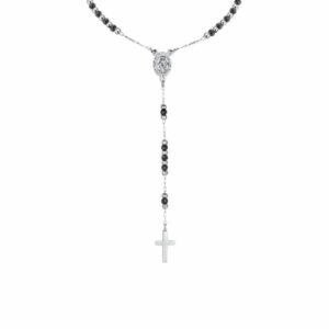 COLLANA ROSARIO UOMO CON PIETRE EMATITE NERA. MADONNA MIRACOLOSA E CROCE IN ACCI