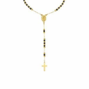 COLLANA ROSARIO UOMO CON PIETRE EMATITE NERA. MADONNA MIRACOLOSA E CROCE IN ACCI
