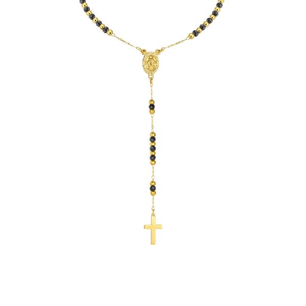 COLLANA ROSARIO UOMO CON PIETRE EMATITE NERA. MADONNA MIRACOLOSA E CROCE IN ACCI