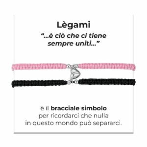 BRACCIALI DONNA E UOMO IN CORDA COREANA ROSA E NERA CON CUORE CALAMITATO