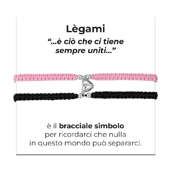 BRACCIALI DONNA E UOMO IN CORDA COREANA ROSA E NERA CON CUORE CALAMITATO