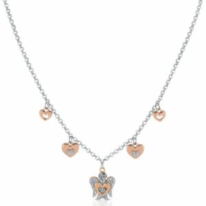 Collana con Angelo e cuori charms in argento rosato e zirconi bianchi.