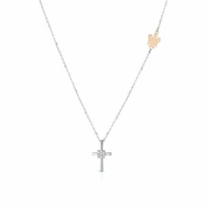 Girocollo in oro con Angelo e pendente croce con diamanti