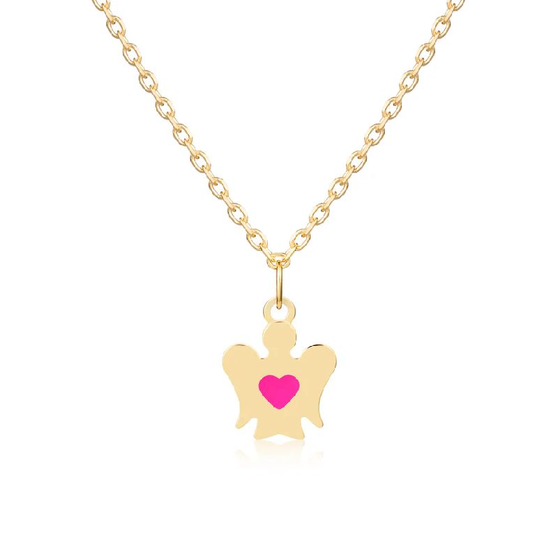 Collana oro bambina con angelo e cuore rosa