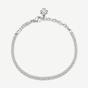 Bracciale tennis in acciaio 304 e cubic zirconia con scritta luck e pendente chiusura con quadrifoglio.