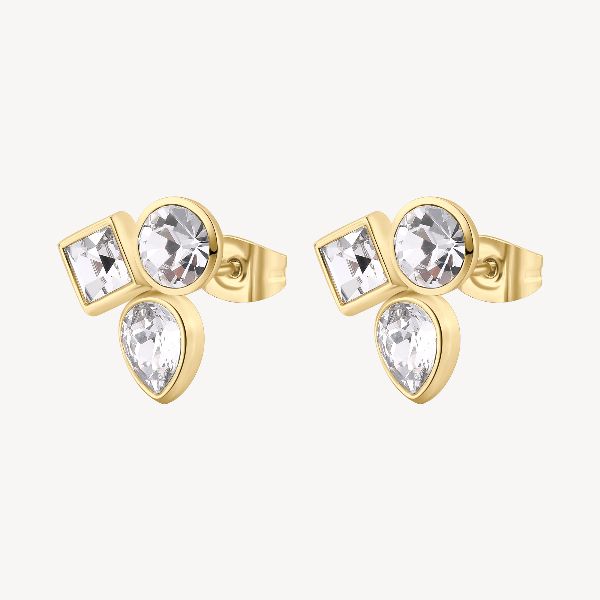 Orecchini al lobo in acciaio 316L e finitura pvd oro 14K con cristalli.