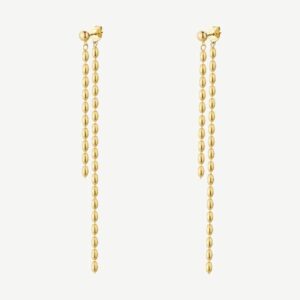 Orecchini pendenti lunghi in acciaio 316L e finitura pvd oro 14K.