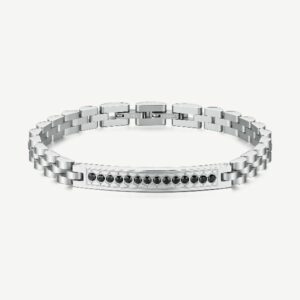 Bracciale in acciaio 316L con barra centrale e zirconi neri.