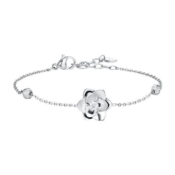 BRACCIALE DONNA IN ACCIAIO, FIORE ED ELEMENTI CON ZIRCONI BIANCHI