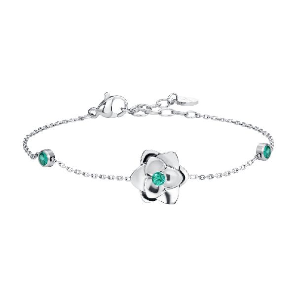 BRACCIALE DONNA IN ACCIAIO, FIORE ED ELEMENTI CON ZIRCONI VERDI