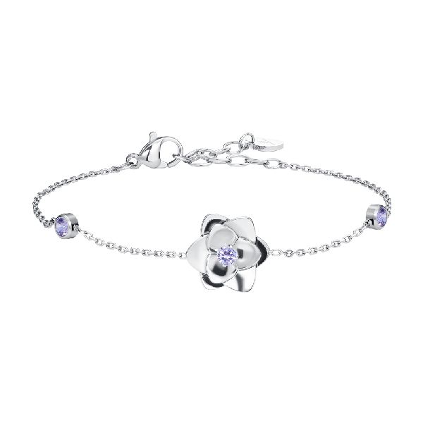 BRACCIALE DONNA IN ACCIAIO, FIORE ED ELEMENTI CON ZIRCONI VIOLA