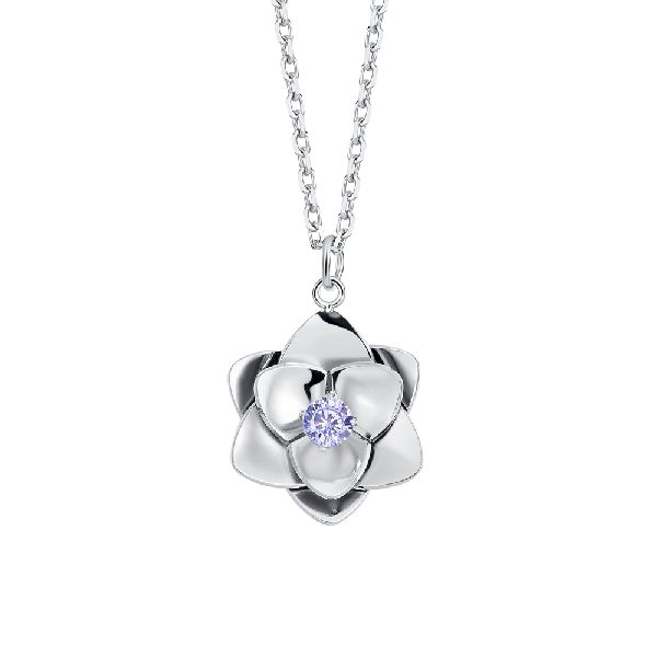 COLLANA DONNA IN ACCIAIO, FIORE ED ELEMENTI CON ZIRCONI VIOLA
