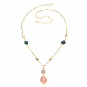Collana catenina in brass dorato e pendente con intarsio obliquo in cat eye rosa,tanzanite e pietre in agata verde - misura regolabile