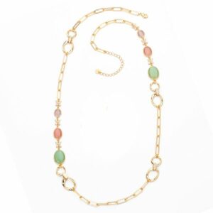 Collana sautoir in brass dorato con elementi torchon e ovali in cat eye tanzanite,rosa e mela alternati a zirconi clear - misura regolabile