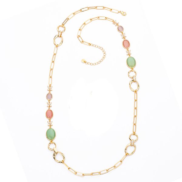 Collana sautoir in brass dorato con elementi torchon e ovali in cat eye tanzanite,rosa e mela alternati a zirconi clear - misura regolabile