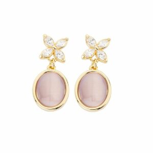 Orecchini top in brass dorato a fiore con zirconi navette clear e pendente ovale in cat eye tanzanite