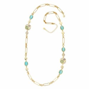 Collana sautoir in brass dorato con intarsi in cat eye verde,azzurro, tanzanite e pav?? di zirconi clear - misura regolabile