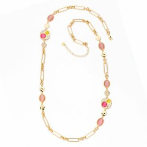 Collana sautoir in brass dorato con intarsi in cat eye rosa,lampone, verde detox e pav&egrave; di zirconi clear - misura regolabile