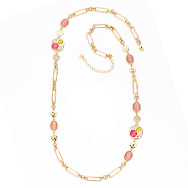Collana sautoir in brass dorato con intarsi in cat eye rosa,lampone, verde detox e pavè di zirconi clear - misura regolabile