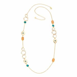 Collana sautoir con punti luce, cat eye albicocca e cristalli ottanio con elementi in brass dorato con decoro a fiore - misura regolabile