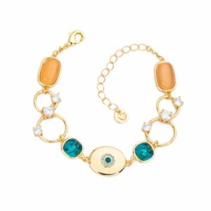 Bracciale elementi in brass dorato alternati con punti luce, cat eye albicocca e cristalli
ottanio - Misura Regolabile
