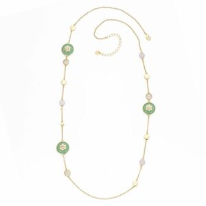 Collana catenina intervallata da elementi in brass dorato lisci e in pav&egrave; di zirconi con pietre in quarzo rosa e bottoni jelly apple - misura regolabile