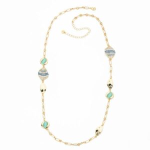 Collana catena ed elementi in brass dorato alternati con inserti in cat eye aquamarine e petali ondulati in pav&egrave; di zirconi multi - misura regolabile